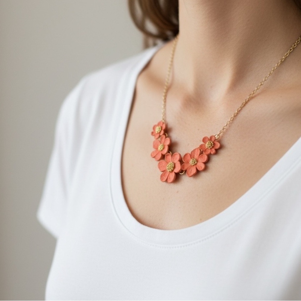 Floral Necklace in Orange and Gold